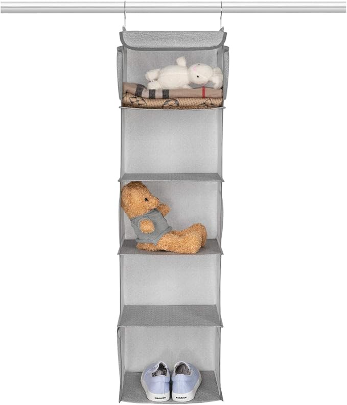 5 Shelves Hanging Closet Organizer, 2 Pack Hanging Storage with 6 Side Pockets for Clothes Bags, 43"x12"x12"(Light Gray)