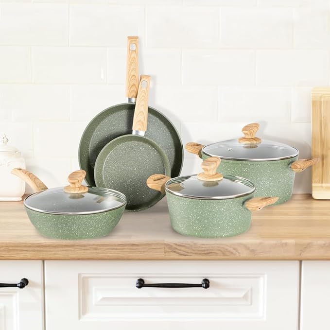 DishDelight Induction Pots and Pans Set Non Stick, 12 Piece Nonstick Induction Granite Kitchen Cookware Sets, Induction Cookware Frying Pans and Saucepan Set, Nonstick Granite Cooking Set, Green