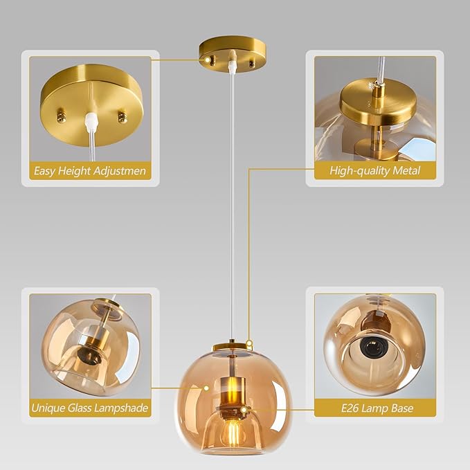 Amber Glass Pendant Lights Kitchen Island Gold Hanging Light Fixture Glass Globe Pendant Light Modern Pendant Lighting for Kitchen Island Bedroom Dining Room (7.87", 2 Pack)