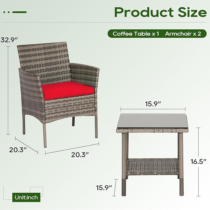 FDW | 3-Piece Patio Furniture Set | Gray & Red | Outdoor Wicker Furniture with Coffee Table | Modern Rattan Chairs Conversation Set | Outdoor Seating | Weather-Resistant | for Porch, Garden, Lawn