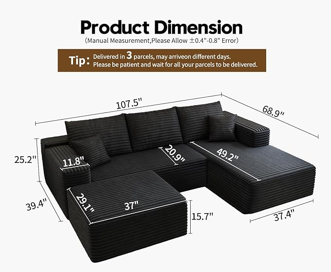 107.5" Cloud Sectional Couch with 1 Ottoman,Modern Modular Sofa with Deep Seat, Comfort U Shaped Sofa Couches for Living Room Bedroom Apartments,No Assembly Required, (Black,Right Facing Chaise)