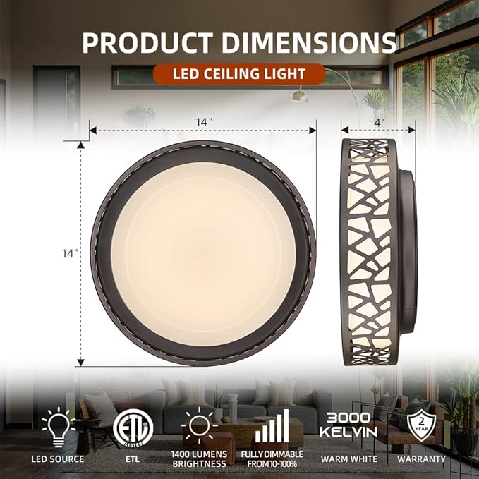 LED Flush Mount Ceiling Light, 14 Inch 20W Dimmable Round Deco Lighting Fixture Oil Rubbed Bronze Finished,1400 Lumens 3000K Warm White, ETL Listed for Kitchen, Hallway, Bedroom, Stairways