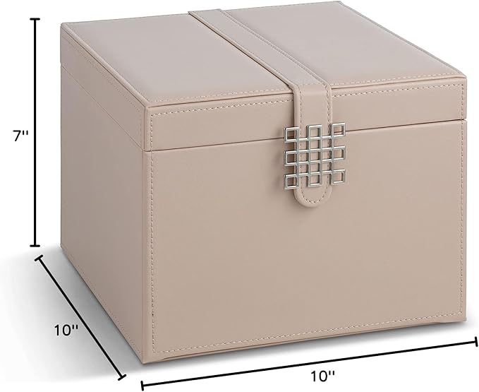 Earring Organizer Holder - 75 Small & 4 Large Slots Classic Jewelry Box with Drawer & Modern Closure, Mirror, 4 Trays Earrings, Ring or Chain Storage - PU Leather Case - Sand