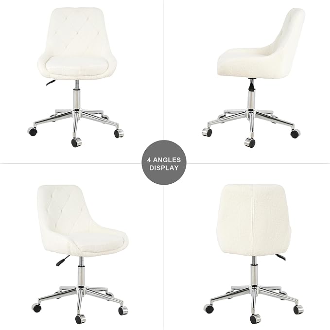 Furnimart 360° Swivel Rolling Desk Chair, Height Adjustable Vanity Chair with Silver Legs, Cute Task Chair with Wheels for Dorm Bedroom Studying Small Places (Teddy Beige)