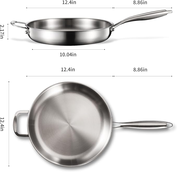 Tri-Ply Stainless Steel Pan Set, PFOA and PTFE-Free Skillet Griddle, Stainless Steel Pan Set with Lid for the Kitchen, Induction-Compatible Cookware Sets, Dishwasher and Oven Safe