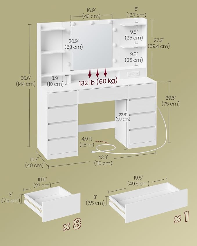 VASAGLE Kailyn Collection - Vanity Desk with Mirror and 9 LED Bulbs, Vanity Makeup Table with Power Outlets, Dressing Table with 9 Drawers, for Bedroom, Cloud White URDT141WB01S