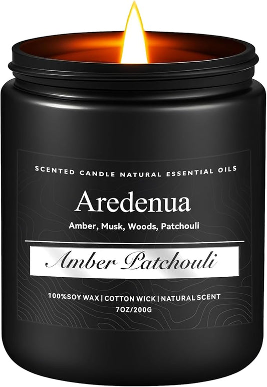 Amber Patchouli Candle, Masculine Candle - Manly Scented Candles for Home, Aromatherapy Candle Gifts for Men Women - 7oz Soy Candles for Home Scented, 50 Hours Burn Time, Perfect for Relaxation