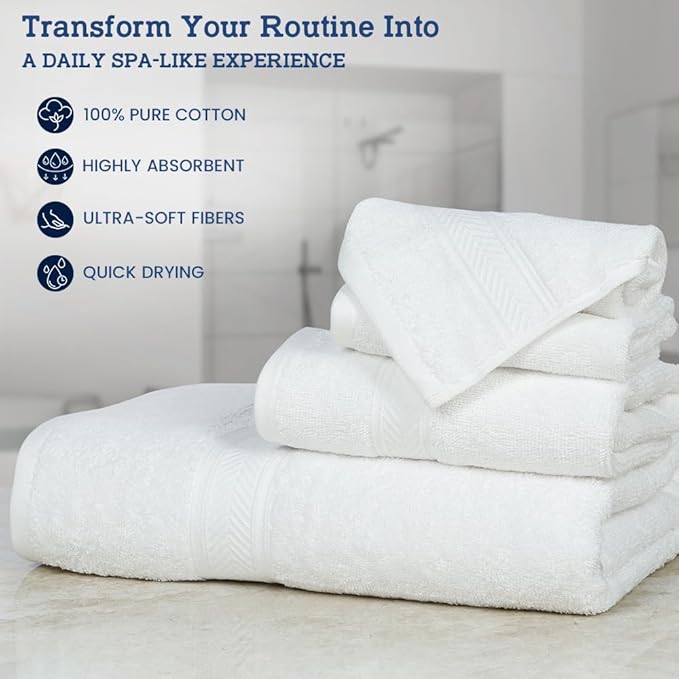 Casa Lino 100% Cotton Bath Towels Set of 4 (1 Bath Towel, 1 Hand Towel & 2 Wash Cloths) - Bathroom Towels and Washcloths Set - Complete Bathroom Set - Guest Room Essentials - (White)
