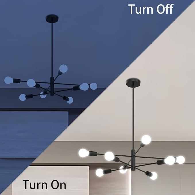 Modern Chandelier Ceiling Light Fixture, 53InchH Sputnik Chandeliers for Dining Room Hanging Light Fixtures Over Table Height Adjustable for Bedroom Kitchen Island Foyer 8-Light Black