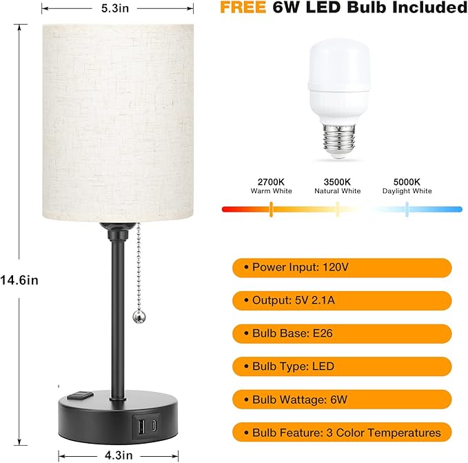 Small Bedside Lamp With 3 Color Modes - Off White 2700K 3500K 5000K Bedroom Light With USB C and A Ports, Pull Chain, AC Outlet, Black Metal Base for Kids Reading