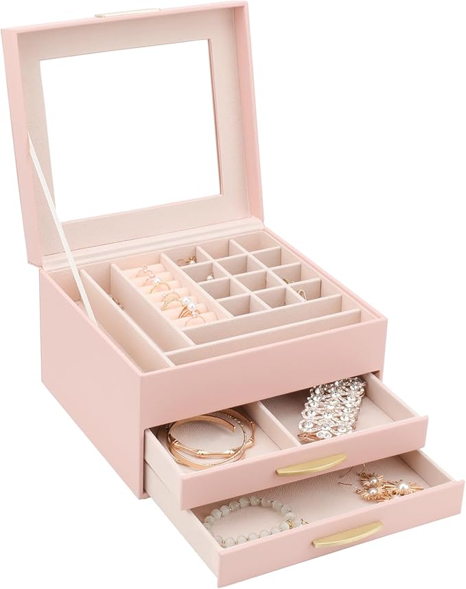Jewelry Holder Organizer,3 Tiers Leather Jewelry Set Box with 2 Drawers,Jewelry Box for Women Girls,Large Capacity Jewelry Holder Box (Pink)