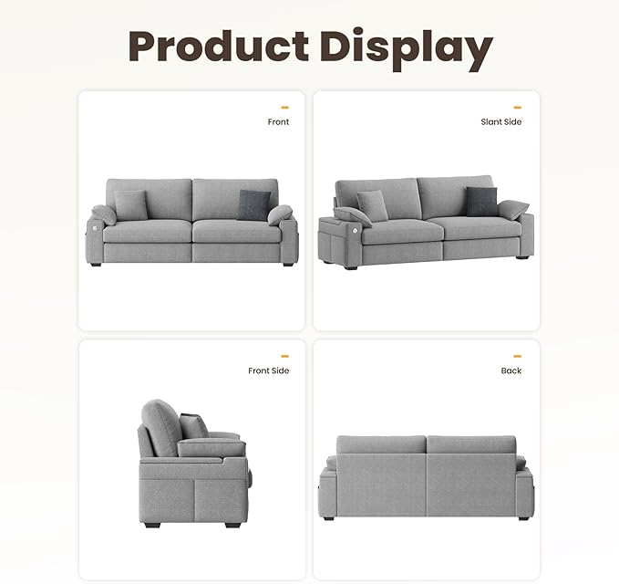 89" Loveseat Sofa, Cloud Foam Couch, 3 Seater Upholstered Midcentury Mondern Love Seat with USB Type C Ports, 4 Pillows and Flip-Open Storage Armrest for Living Room/Small Spaces, Grey