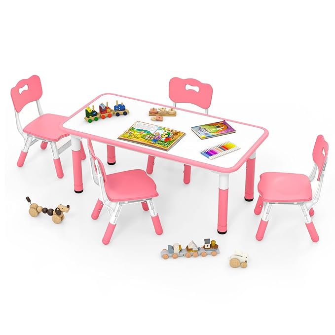 INFANS Kids Table and Chiar Set, Height Adjustable Toddler Desk and 4 Chairs with Graffiti Desktop Non-Slip Legs, Large 47" L x 23.5" W Multi-Activity Art Table for Daycare Classroom Home (Pink)