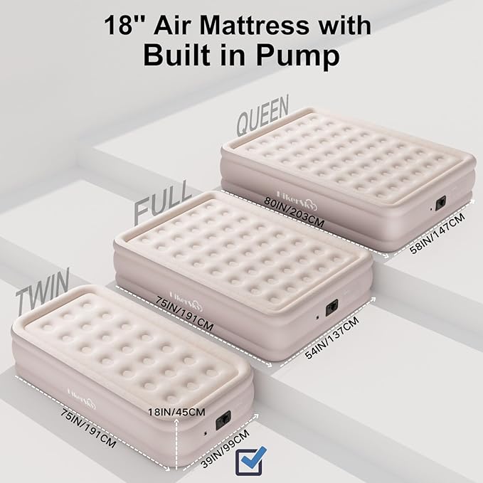Twin Air Mattress with Built in Pump, Single Air Bed with Portable Storage Bag, 18'' Blow up Mattress Suitable for Home and Guests, Top Flocking, 18" Twin Khaki