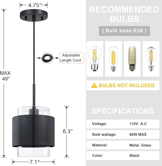1 Light Hanging Indoor Kitchen Island Pendant Light Fixture,7.1" Drum Glass Metal Shade Pendant Ceiling Light Dark Gray Finish for Modern Farmhouse Dinning Over Sink
