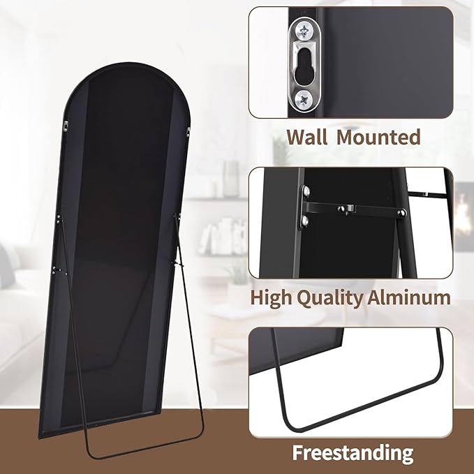 OGCAU Floor Full Length Mirror, 56"x20" Black Arched Full Body Mirror, Floor Mirror, Hanging or Leaning, Standing, Wall Mounted with Aluminum Frame for Bedroom Living Room