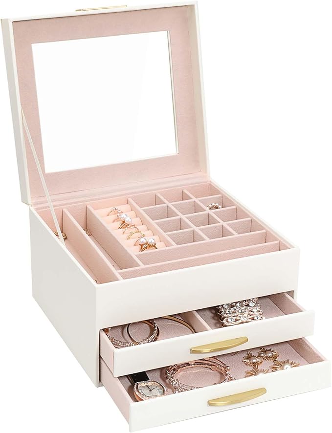 Jewelry Storage Box with Glasses Lid, 3-Tiers Jewelry Organizer Box for Women Girls, Jewelry Case for Rings, Bracelets Earrings, Necklaces (White)