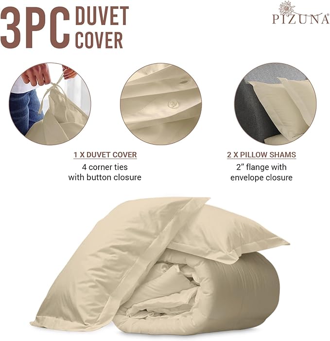 Pizuna Pure 100% Cotton Queen Duvet Cover Set, Luxurious 400 Thread Count Long Staple Cotton Sateen Weave with Button Closure (Combed Beige Cotton Duvet Cover Queen)