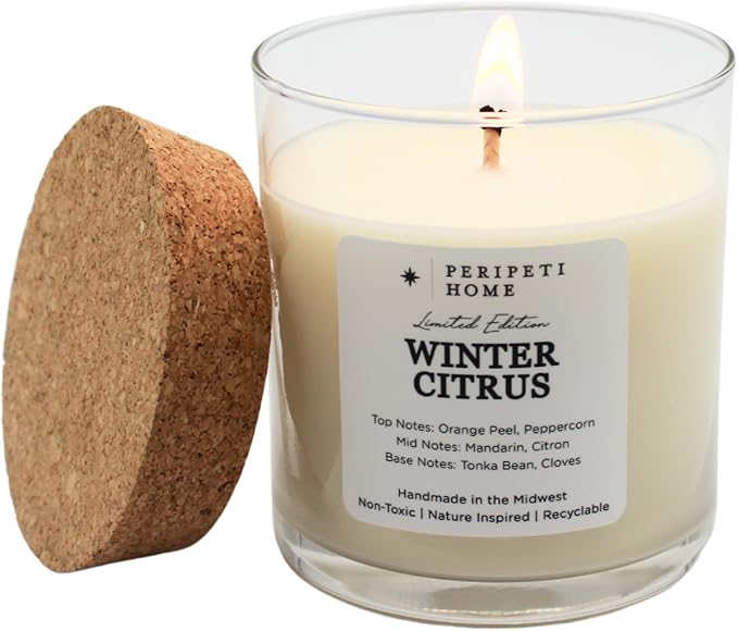 PERIPETI Home Winter Citrus Scented Candle, Classic Wick β 8.5oz Natural Soy Wax for Energizing Aromatherapy, Long-Lasting Burn