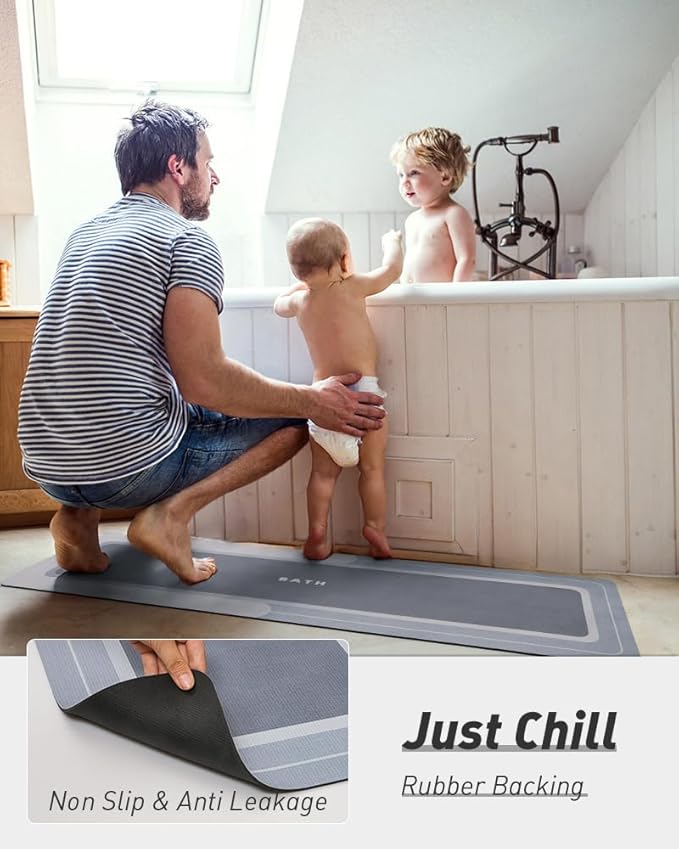 MontVoo Bath Mat & Runner - Long Non Slip Super Absorbent & Quick Dry - Thin Bath Mat Fits Under Door - 17"x70" Blue