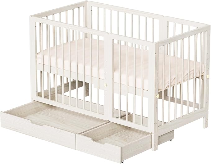JOYMOR 8 in 1 Convertible Crib with Changer, Include 2” Mattress, Converts to Bassinet, Mid Crib, Full Size Crib, Daybed,Toddler Bed and Playard (Crib with Drawer, Washed Natural)