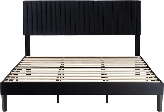 Allewie King Platform Bed Frame, Velvet Upholstered with Adjustable Vertical Channel Tufted Headboard, Mattress Foundation with Strong Wooden Slats, Box Spring Optional, Easy Assembly, Black
