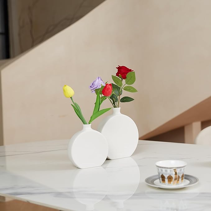 White Ceramic Vase Set of 2, Boho Vase for Decor, Matte Frosted Texture Finish,Modern Rustic Farmhouse Home Decor,Vases for Pampas Grass&Dried Flowers,idea Shelf,Table,Mantel,Entryway