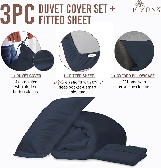 Pizuna 100% Cotton Twin 2 Pc Duvet Cover + 1 Pc Fitted Sheet Set 400 Thread Count Dark Blue Sateen Weave Luxurious Long Staple Cotton 4 Piece Bedding Set -1 Duvet Cover, 1 Pillow Sham, 1 Fitted Sheet