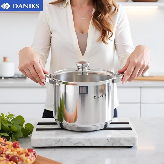 Daniks Standard Stainless Steel Stock Pot with Glass Lid – Induction 10 Quart, Dishwasher Safe, Measuring Scale, For Soup, Pasta, Stew, Silver