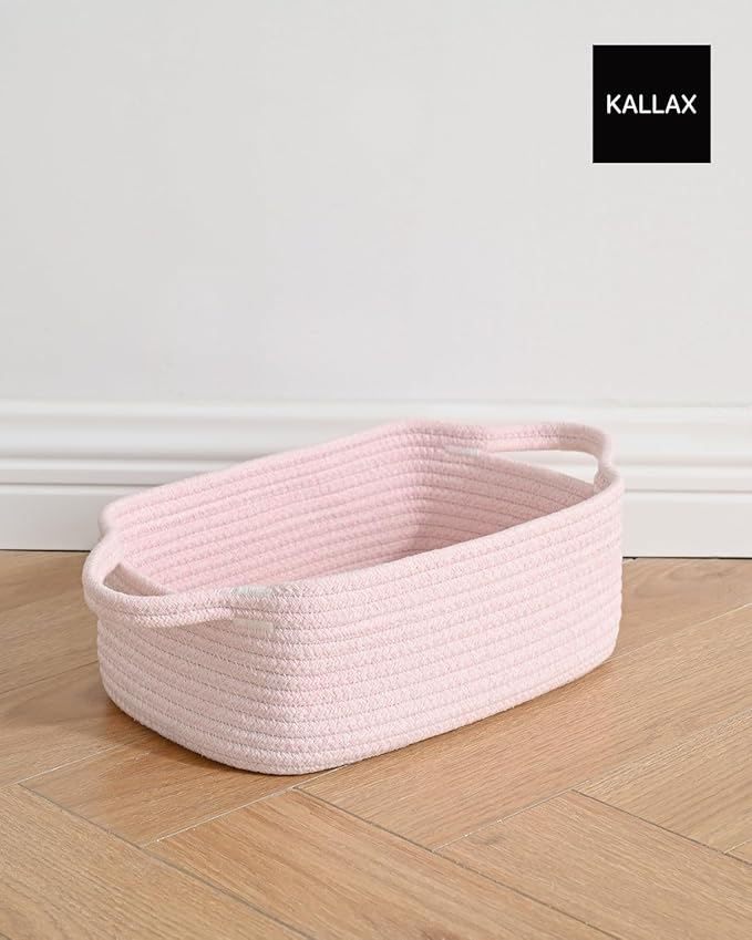 KALLAX Small Woven Basket, 12 x 8 x 4.5 Inches, Small Storage Baskets for Organizing, Gift Baskets Empty, Cute Rope Shelf Closet Storage Bins for Shelves, Dog Toy Basket, 3 Packs, Light Pink