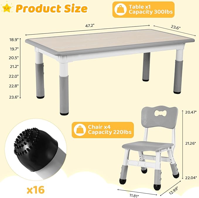 Arlopu Kids Table and 4 Chair Set, Height Adjustable Toddler Table and Chair Set, Non-Slip Legs, Graffiti Desktop, Large Children Activity Table, Reading Daycare Classroom Home (Grey)