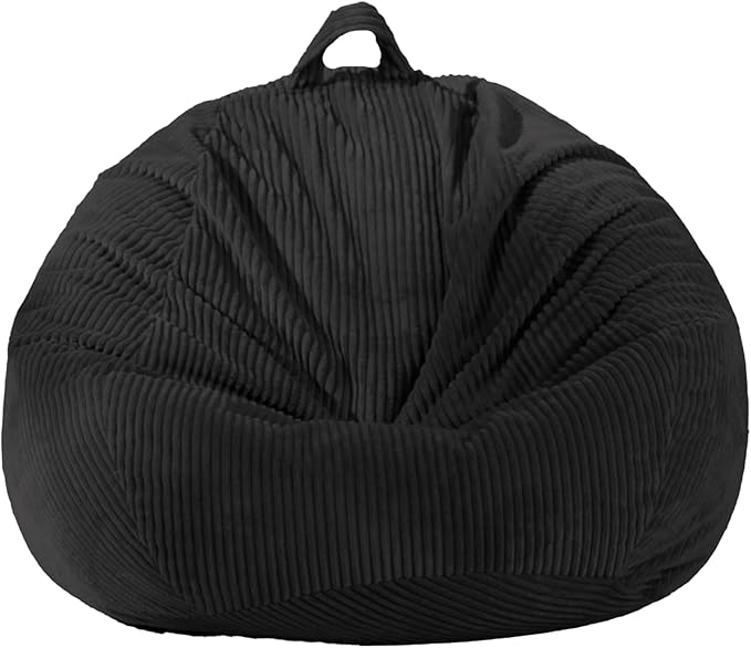 Stuffed Animal Storage Bean Bag Chair Cover, Cover Only (No Filler), Corduroy Toy Organizer Floor Cushion Seat, 48 in/120 cm Slipcover for Teens & Adults, Black