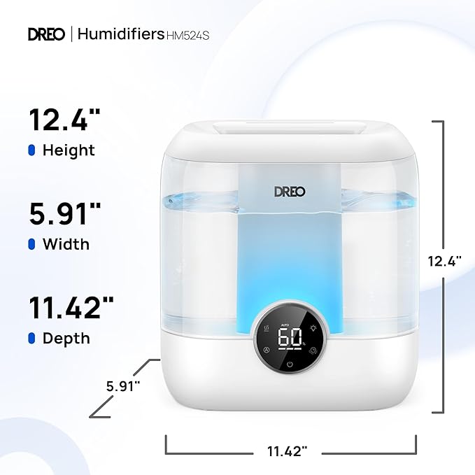 Dreo Smart Humidifiers for Bedroom, 6L Top Fill Supersized Cool Mist Humidifier for Large Room, 60 Hour Runtime, Quiet Ultrasonic Humidifiers for Plants, Baby, Indoor, Home, Night Light, White