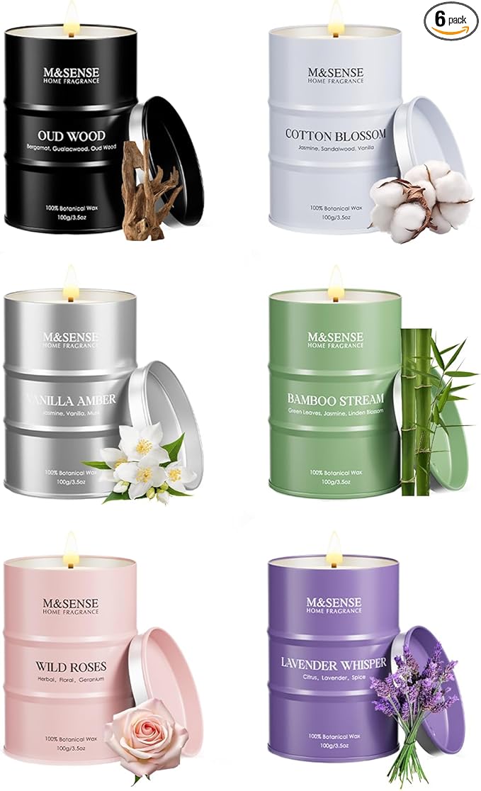 Mini Candle Set | Scented Candles Set | 6 Pack Candles for Home Scented Candle,Oud Wood,Cotton Blossom,Vanilla Amber,Bamboo Rose Lavender Candle,Gift Set for Women and Men,Soy Wax 21 oz 105 Hour