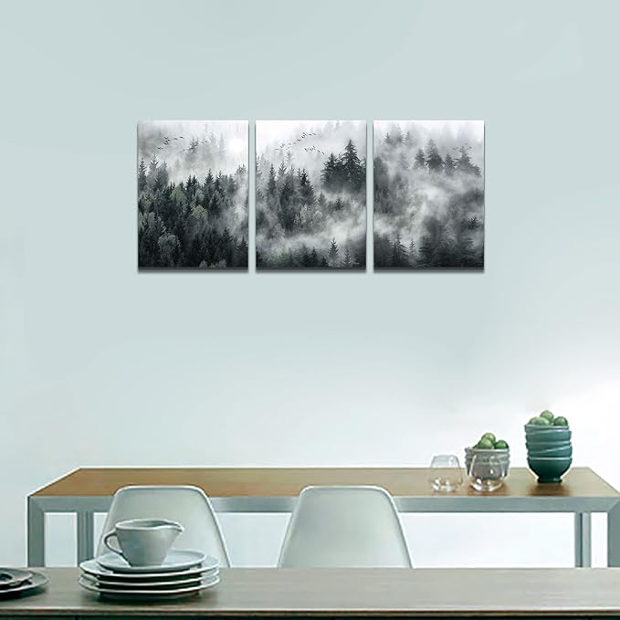 MHARTK66 Canvas Wall Art for Living Room - Modern Decorations for Bedroom, Foggy Forest Trees Landscape Painting - Office Decor Ready to Hang, Framed Pictures, 12x16 3 Panels