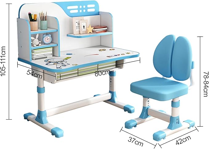 Small Desk, Standing Desk, Desk Chair Set, Height Adjustable Children School Study Table Chair Set with Astronaut Pattern, Ergonomic Desk Chair with Large Writing Board, Bookshelf and Drawer (Blue)