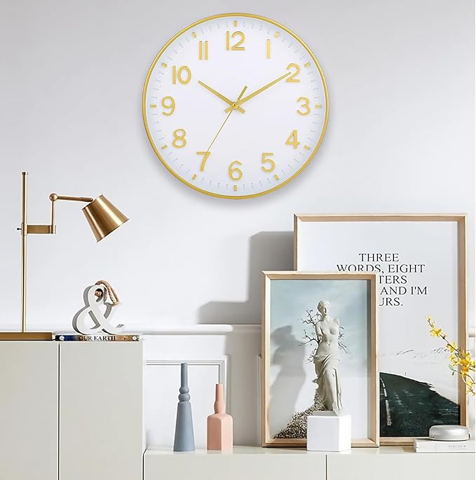 HZDHCLH White and Gold Wall Clocks Battery Operated 12 inch Silent Non Ticking Modern Wall Clock for Living Room Bedroom Kitchen Office Decor
