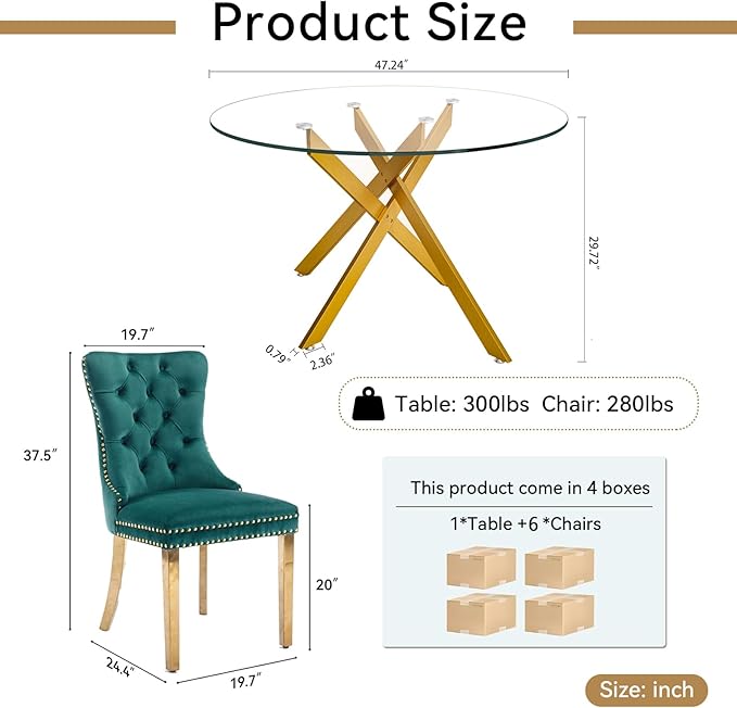 Goujxcy Round Dining Table Set for 6, Modern Glass Kitchen Table and Chairs Set of 6, 7-Piece Dining Room Table Set w/47 Circle Gold Glass Dining Table and 6 Upholstered Velvet Chairs