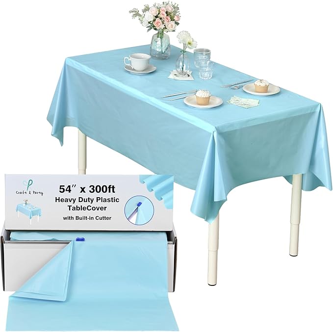 Craft And Party, 54 in x 300 feet Plastic Table Cover Roll for Party, Banquet, Picnic, Kids Activities for Any Size and Shape Table (Aqua, 54" x 300ft)
