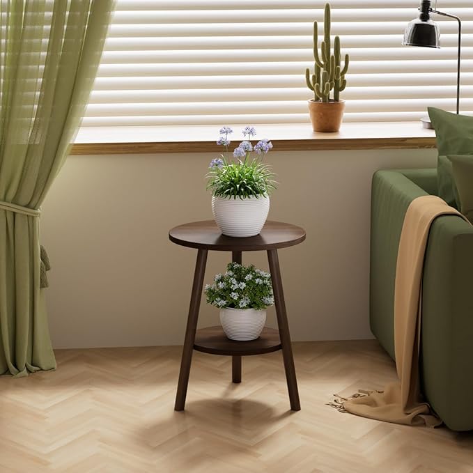 OERGKE Round End Table, Small Side Tables with Lower Shelf, Coffee Table, Bedside Table, Mid Century Modern Nightstand for Living Room, Bedroom, Corners and Office (Walnut)