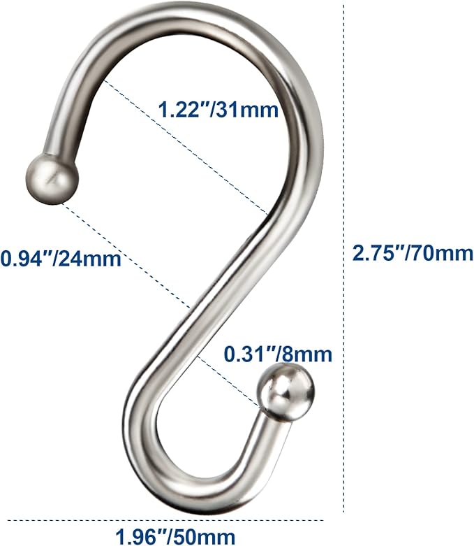 Shower Curtain Hooks Rings, Zinc Alloy S Shaped Shower Hooks Rust Proof, Shower Curtain Hangers for Shower Curtain, Kitchen, Wardrobe & Garden, Brushed Nickel, Set of 12