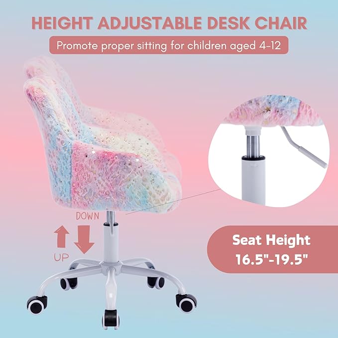 LukeAlon Kids Adjustable Desk Chair, Furry Study Chair with Swivel Base Cute Upholstered Faux Fur Reading Chair with Arms for Girls Children, Colorful