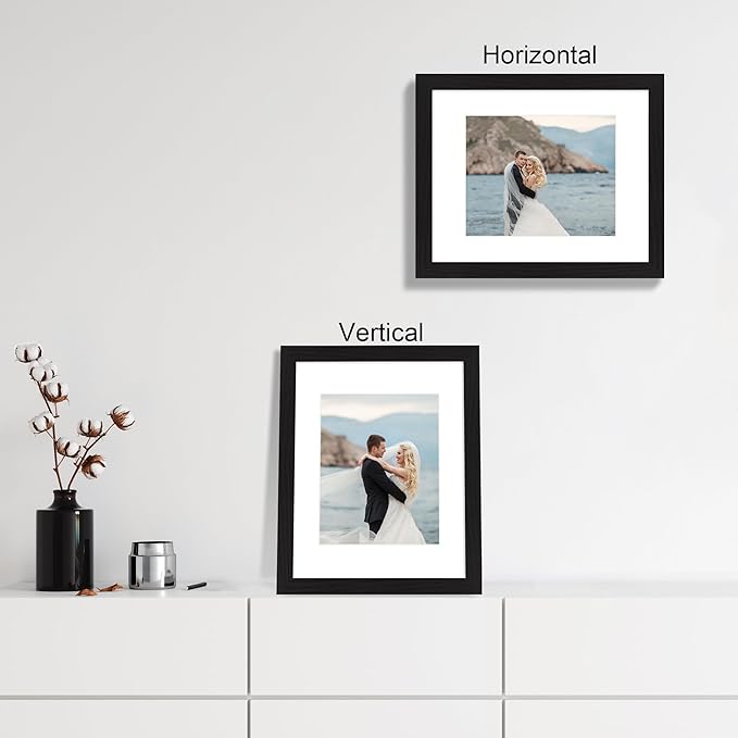 11x14 Picture Frame Set of 4 with Tempered Glass, Black Frame Display 8x10 Picture with Mat or 11 x 14 Without Mat, Rustic Wood Photo Frames for Horizontal or Vertical Wall Mounting