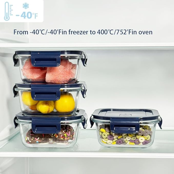 Square Glass Food Storage Containers With Lids,2 Cup Square Glass Containers With Lids, Small Food Containers, 16 oz Leak-proof lunch Bowls, Dishwasher Microwave Freezer Safe -(Dark Blue)