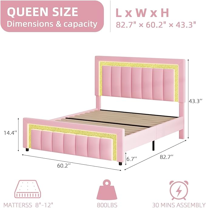HOMBCK Queen Bed Frame with LED Lights and Velvet Upholstered Headboard, Bed Frame Queen Size with Modern Diamond Headboard Adjustable, Wooden Slats Support, Noise Free, No Box Spring Needed, Pink