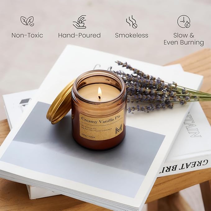M&SENSE Creamy Vanilla Pie Candles for Home Scented Aromatherapy Candle Gift Set for Women and Men,7.05oz Soy Wax Long Lasting Amber Jar Candles Gift for Birthday Housewarming Mother's Valentine Day