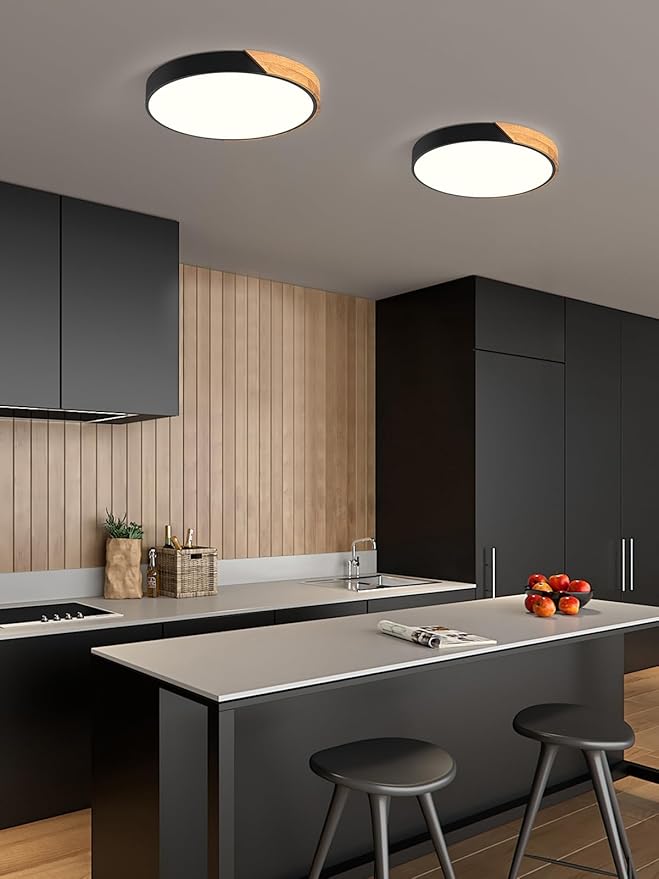 Modern Dimmable Black LED Ceiling Light, 2700 K - 6000 K 5CCT Wood Flush Mount Ceiling Lighting Fixtures, Minimalist Round Ceiling Lamp for Living Room Bedroom Kitchen Hallway(15.8in)