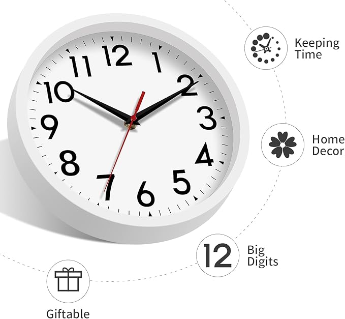 Wall Clock Small Analog 8 Inch Silent Non Ticking Battery Operated Modern Simple Decorative for Kitchen Office Bedroom Bathroom Living Room(White)
