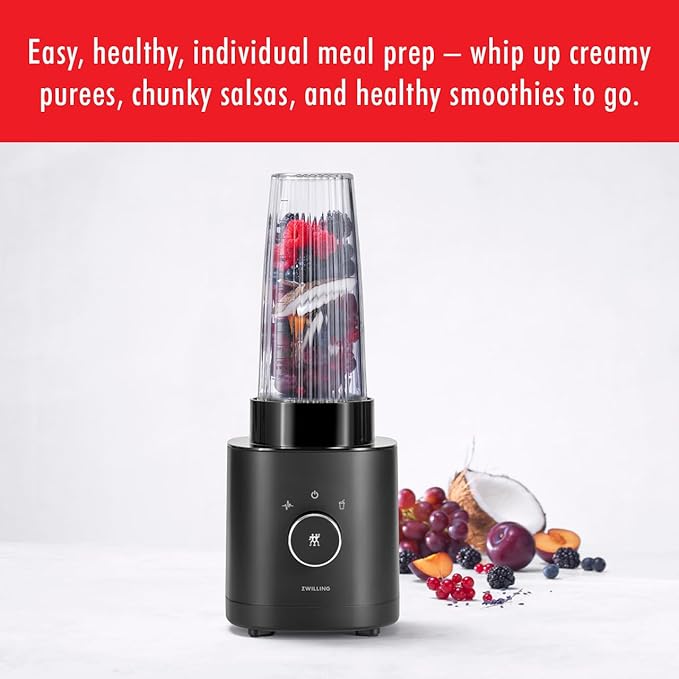 ZWILLING Enfinigy Personal Blender, Piranha Teeth Cross Blade for Ultimate Blending, Smoothies, Shakes and More, 20 fl oz Breakproof Travel Cup with Lid, BPA Free, Black