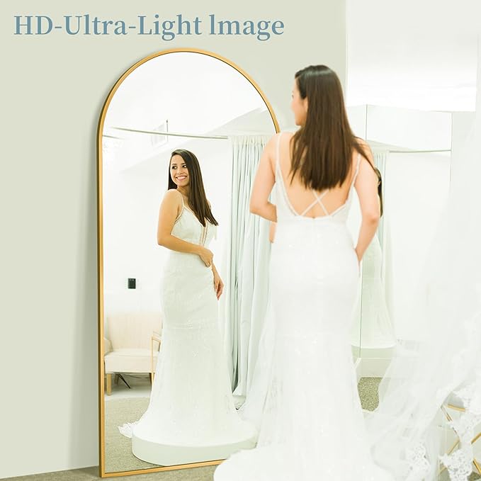 Full Length Mirror with Stand, 71"x32" Arched Full Body Mirror, Large Stand Up Mirrors, Aluminum Frame Floor Standing Mirrors, Freestanding Hanging Leaning Mounted for Bedroom Living Room, Gold
